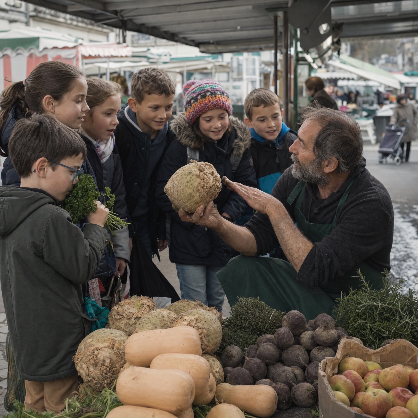 Enfants et animatrice au marché des Halles de Dijon, découvrant la moutarde locale