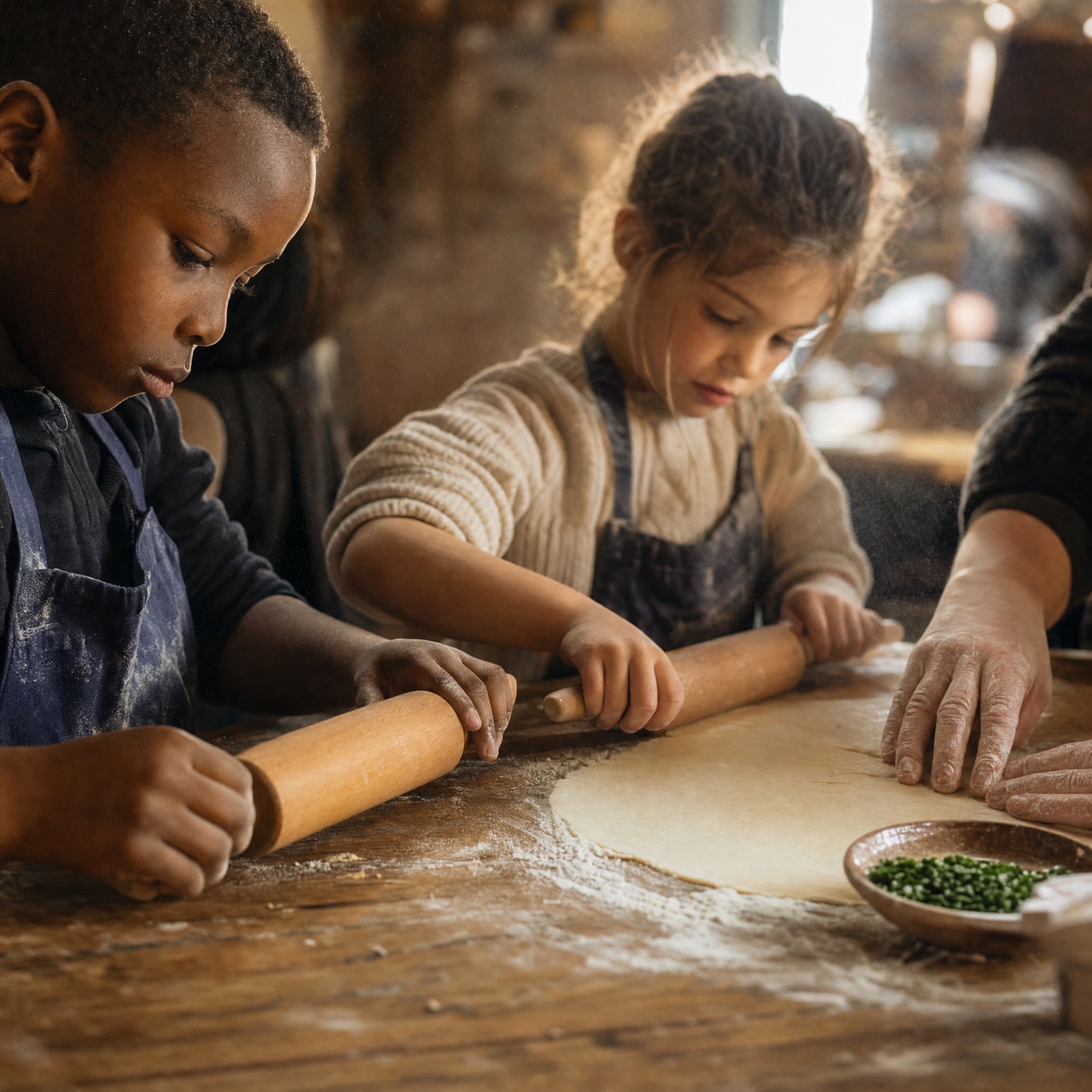 Mains d'enfants façonnant une tarte dans la cuisine pédagogique